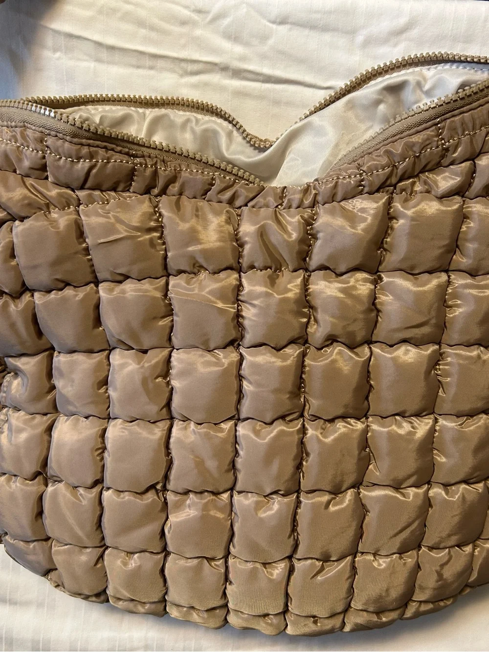 Puffer Quilted Shoulder Bag in Taupe Satin